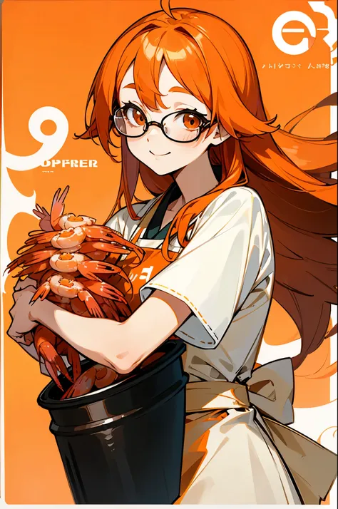 shrimp monster women、Orange Clothes、orange hair、long hair、Red round eyes、Smile Yan、upper body close-up、Apron、bright kitchen background、have shrimp families around、Lots of shrimp families、She holds the glasses she took off in her hands
