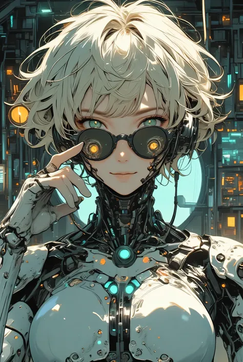 Beautiful cyborg girl, realistic skin texture, one hand removes black sunglasses and pulls them down close to her neck, mouth twisted in a smirk, (eyes are skull-like eye sockets revealing mechanical eyes), green eyes, natural make-up, platinum blonde hair...