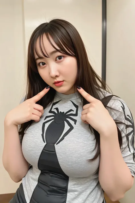 Full-figured body, Plus-size woman, Spider-Man, Peter Parker, NSFW, 1 girl, (cleavage cutout : 2.5), realistic cleavage, (She is wearing nothing but a highly detailed, realistic, skin-tight latex Spider-Man suit with a plunging neckline. : 1.9), (cameltoe ...