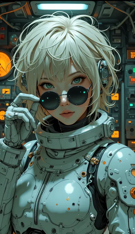 Cyborg girl, realistic skin texture, one hand removes black sunglasses and pulls them down close to her neck, mouth twisted in a sardonic manner, (her eyes are dark caves like the eye sockets of a skull, with small green LEDs glowing in the eye caves), cre...