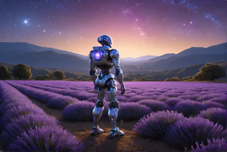 A humanoid robot with a sleek, futuristic metallic body, standing alone in a vast lavender field at night. The robot carries a small backpack, looking up at a breathtaking starry sky filled with shooting stars and a vivid, colorful Milky Way galaxy. The at...