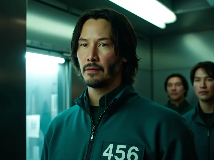 Squid Game,Player456,K34NUY0UN6, make Keanu Reeves wear the green jump suit with 456 badge on his chest. Cinematic Color Grading. Bright Light. Close Face.
