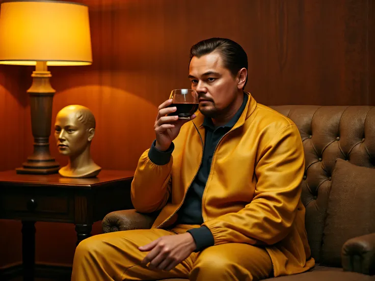 dicavibe,Squid Game, make Leonardo DiCaprio wear a VIP Golden Suit, Sitting on the couch, Sipping Wine and a golden mask on the side table. Bright Light. Cinematic Color grading. Close Face