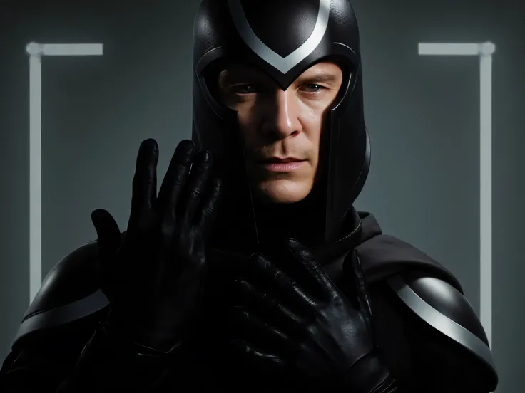 Squid Game, MFSB, Make a close up photo of Magneto Fassbender wearing a black long dress with a hoodie, black leather hand gloves and a black mask in his hand. Bright Light.