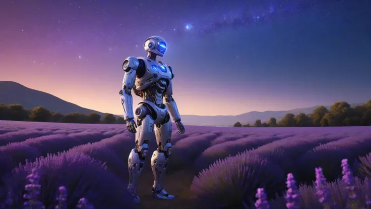 A humanoid robot with a sleek, futuristic metallic body, standing alone in a vast lavender field at night. The robot carries a small backpack, looking up at a breathtaking starry sky filled with shooting stars and a vivid, colorful Milky Way galaxy. The at...
