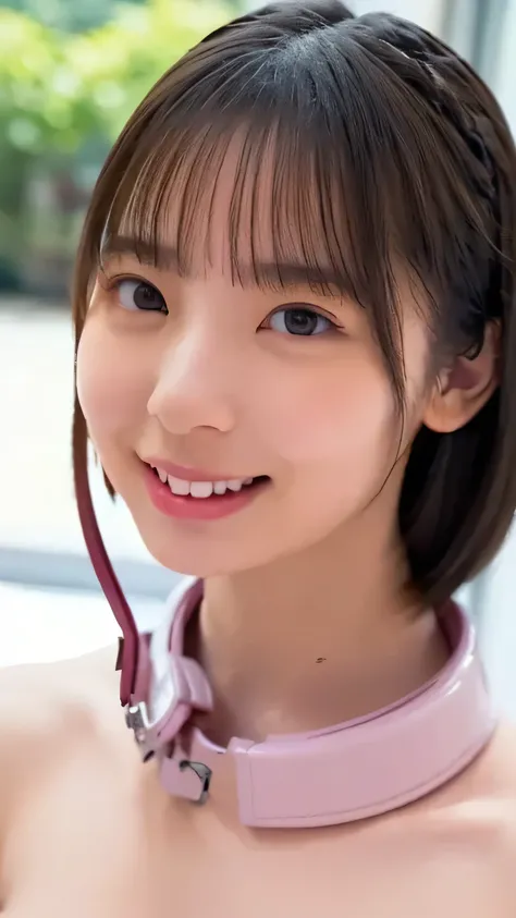(((big blalk collar, leash))),(((naked)))nsfw,masterpiece,(masterpiece, top quality, 1girl), (extreme close-up:1.3, perspective), (beautiful hair:1.2, ), (Wacky Hairstyle:1.2), (I'm wearing a collar, sunlight shining on cheeks), ( Kind and gentle smile , ...