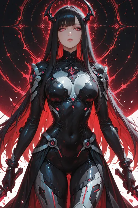 ((masterpiece, best quality, anime style, ultra-detailed)), 1girl, solo, Etherblade Sister, –26, tall graceful mature build, very long straight black hair with silver sheen:1.6, calm red eyes:1.4, composed gentle smile, fair skin:1.3, sleek black and silve...