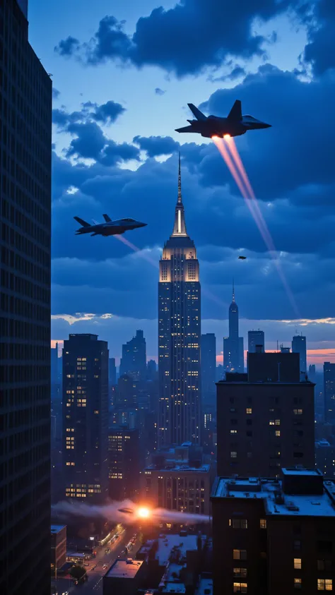 high res image、Urban area of New York、F-22 intercepts UFOs、creative image、flying past the Empire State Building、The US Air Force is attacking with missiles and laser weapons、UFOs fire rays onto the ground、under a dramatic blue sky((masterpiece))、images of ...