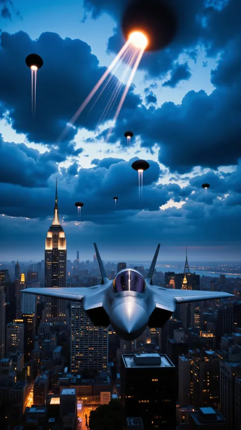 high res image、Urban area of New York、F-22 intercepts UFOs、creative image、flying past the Empire State Building、The US Air Force is attacking with missiles and laser weapons、UFOs fire rays onto the ground、under a dramatic blue sky((masterpiece))、images of ...
