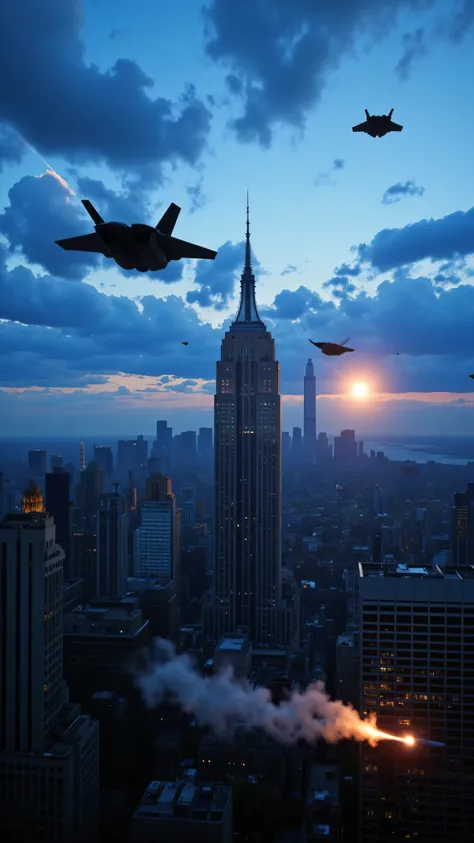 high res image、Urban area of New York、F-22 intercepts UFOs、creative image、flying past the Empire State Building、The US Air Force is attacking with missiles and laser weapons、UFOs fire rays onto the ground、under a dramatic blue sky((masterpiece))、images of ...