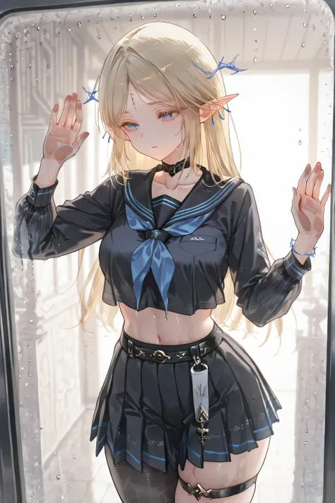 score_9, score_8_up, score_7_up, masterpiece, best quality, very aesthetic, absurdres, tunning image, attractive image, solo, 1girl, adult grown woman, cartethyia \(wuthering waves\), blue eyes, blonde hair, pointy ears, long hair, jewelry, dress, elf, mas...