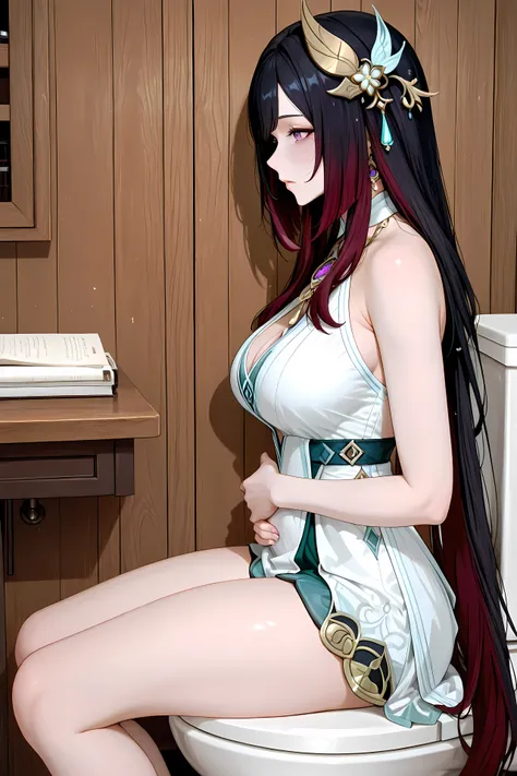 YS_LY,black hair,very long hair,purple eyes,white dress,hair ornament,,general, masterpiece, highres, ultra-detailed, hyper-detailed, best quality,  amazing quality, very aesthetic, best hands, best eyes, best finger

adult woman, 1Woman, Sitting on a toil...