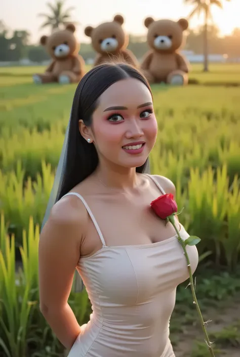 Cute Small, Visible female panties, front posing, ("Facial expression in Happy big Orgasm"), Both hands lying behind the back, (photorealistic:1.6), background rice paddy. Waktu Senja atmosphere, (((please don't showing any finger!!!))), (TIGA HUGE TEDDY B...