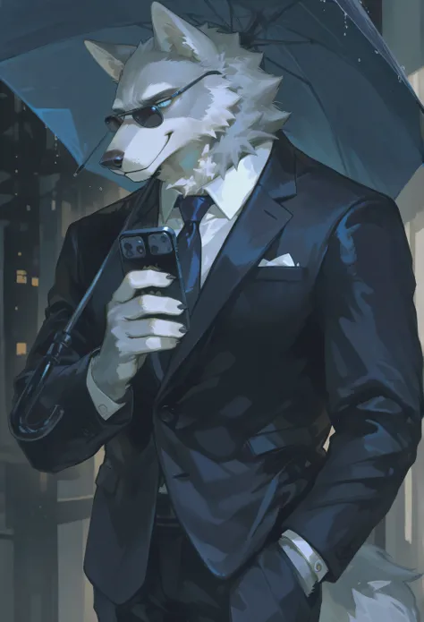 1uncle, White Wolf,furry,Light blue eyes,grey fur ,uncle, Adult, solo,Smile,Calm,confident,Wear sunglasses,Mafia Boss, suit ,A little brother holds him an umbrella,Put your left hand in your pocket,Holding the phone in the right hand