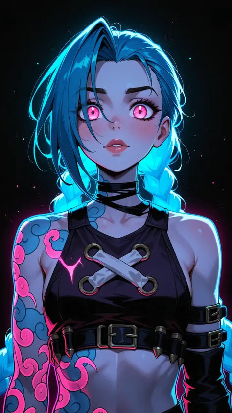 Jinx from Arcane, limited palette,  black background ,Colorful, bright, glowing outline, Neon, black light, looks at the viewer, masterpiece, very aesthetically pleasing, ultra quality, watching viewer, expressive, Jinx from Arcane , blue hair , long braid...