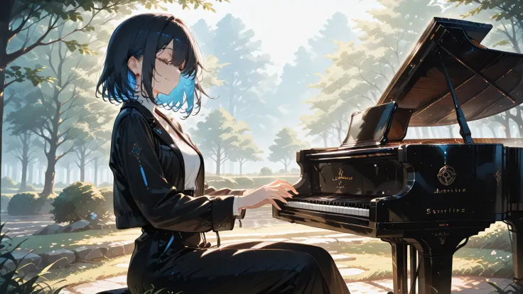 masterpiece, one girl, black medium hair, short cut, blue inner hair, asian, blue eyes, playing piano, sitting, smiling, closing her eyes, wearing jean, white shirt, black jacket, spring, sunshine, foggy weather