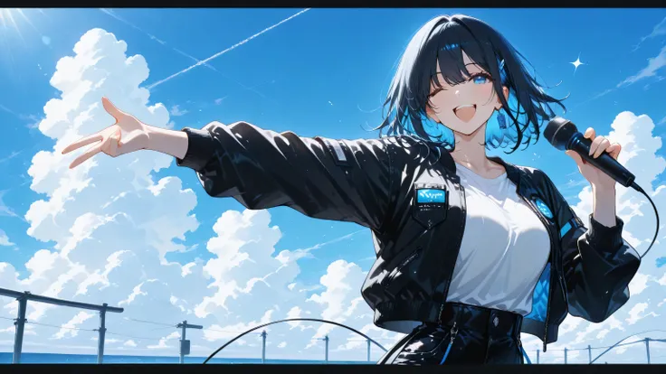 masterpiece, one girl, black medium hair, short cut, blue inner hair, asian, blue eyes, holding wireless microphone, wearing jean, white shirt, black jacket, summer, winking, jumping pose, smiling
