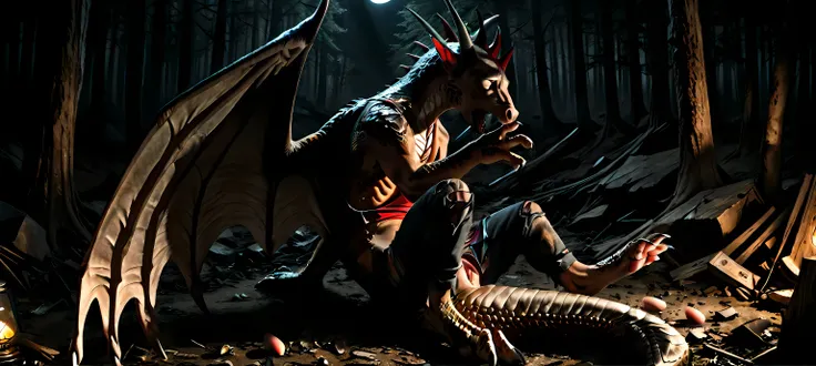 Pov:1.3, point of view, pov view, view from top:1.3, view from ground, high angle, fetal position, sitting, lean on ruins, own long body, long neck, own legs, human feet, wings, transformation, human morfing into dragon:1.3, feral dragon, tail, claws, paws...