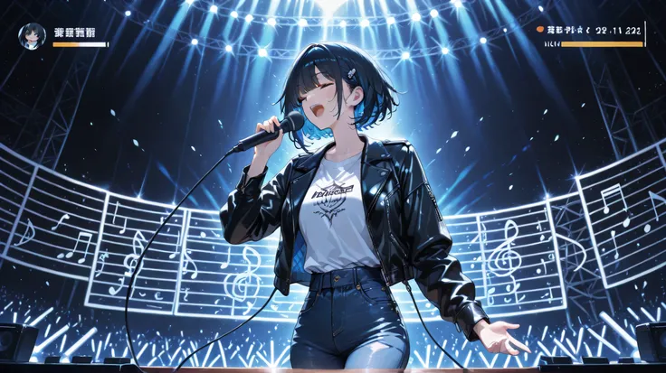 small live bar, full-band members, a female vocal (close shot), short cut, black hair, blue inner hair, wearing white t shirt, leather jacket, jeans, holding microphone, singing passionately,