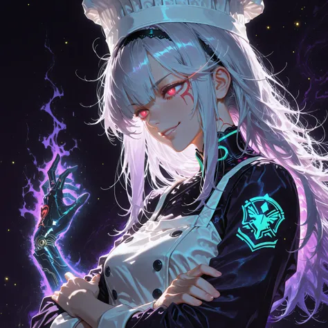 dark aura, dark energy, bristly hair, ((glowing eyes)), Anime girl drawing:1.4, Jojo anime style painting:1.4, close-up of a woman with a strong face and body , black aurora light drifting off a girl , long bangs to eyebrows , Close-up, smile, good h...