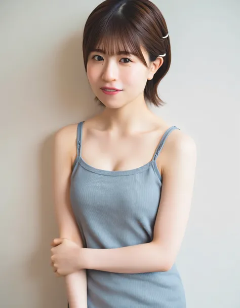 A young woman is seen in a relaxed pose leaning against a light-colored wall. She is wearing a form-fitting, light gray ribbed tank top with thin straps. The lighting is soft and natural, casting a gentle glow on her skin, which appears fair and smooth. Th...