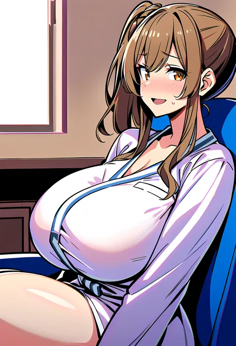 score_9_up,,score_8_up,score_7_up,score_6_up,score_5_up,score_4_up, 1 girl, satosasara, brown eyes, brown hair,(single hair bun:1.2), (right side ponytail:1.2), long sideburns,(( long hair)),white bathrobe ,(huge breasts),(curvy),open mouth,sweat,smiling,e...