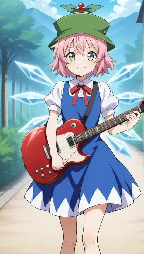 score_9, score_8_up, score_7_up,anime_source, source_anime, best background, detailed background, anime screencap,  Cirno,lyrica pink hair,green eyes,tiny green tower hat, blue dress, dress, spectal guitar, looking at viewer, smile, solo, gentle smile, flo...