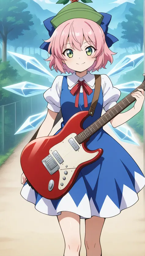 score_9, score_8_up, score_7_up,anime_source, source_anime, best background, detailed background, anime screencap,  Cirno,lyrica pink hair,green eyes,tiny green tower hat, blue dress, dress, spectal guitar, looking at viewer, smile, solo, gentle smile, flo...
