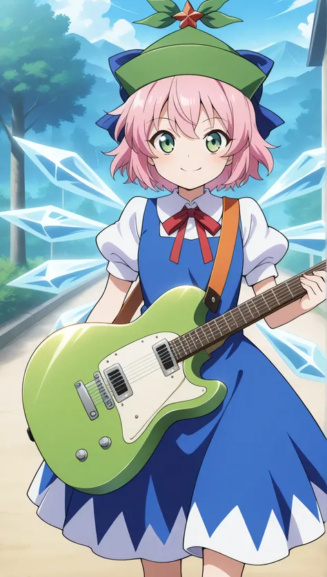 score_9, score_8_up, score_7_up,anime_source, source_anime, best background, detailed background, anime screencap,  Cirno,lyrica pink hair,green eyes,tiny green tower hat, blue dress, dress, spectal guitar, looking at viewer, smile, solo, gentle smile, flo...