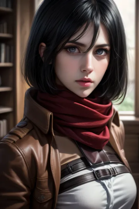 a girl, mikasa, with striking black eyes, beautiful detailed eyes, beautiful detailed lips, extremely detailed face, long eyelashes, bright black eyes, fair skin, short dark hair, wearing a scarf, badge, belt, thigh strap, red scarf, white pants, brown jac...