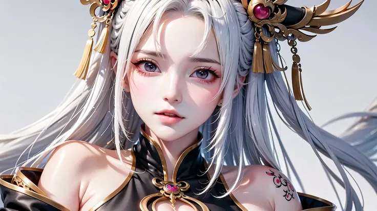 super high quality, masterpiece, Perfect illustration, Very detailed:1.6, 1girl, 23 years old, cute girl, white hair, large breasts, bright skin, Tattoo under the eyes. fantasy royalty, onmyoji, majesty, asian dress. black and gold clothes. simple backgrou...