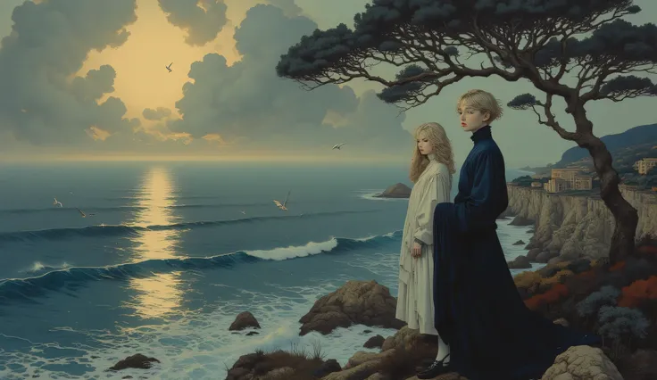  unique , Coast ,  seagulls, Blonde Long, ((Baltolome Style)),  darkness，SF, ((top quality, masterpiece)), (More Rights  , 高details),  8,000，canvas oil painting
 It emits a soft glow,  Extraordinary Beauty . ((top quality)), ((masterpiece)), ( details),two...