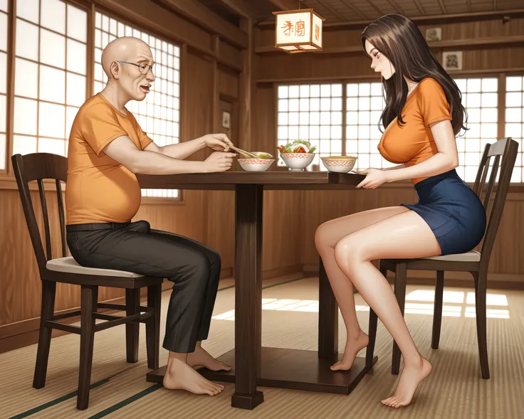 Quality_masterpiece , jungyeon, tall, long hair, orange t-shirt , blue skirt, foot, no panties, erect nipple under clothes, standing,  side view ,inside old japanese house, dining area, sitting on chair, beside dining table,  square table, spread legs, Qua...