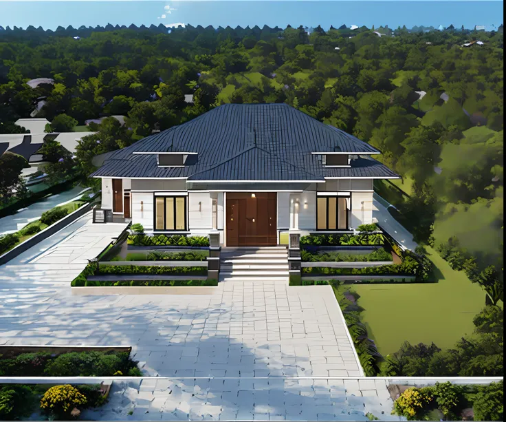 a drawing of a small house with a sloping roof,  (brilho:1.3), (morden:1.3)), (estrada:1.3), large space in front of, detail flower front perspective, vista frontal, Perspective view, wide vista frontal, vista frontal, frente, rendering, elevation view, fr...