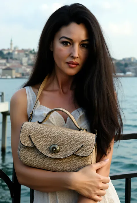 Monica bellucci in her 20s young with her long hair holding a yarn handbag that writes "Isabelle Handmades" on it next to istanbul bosphorus
