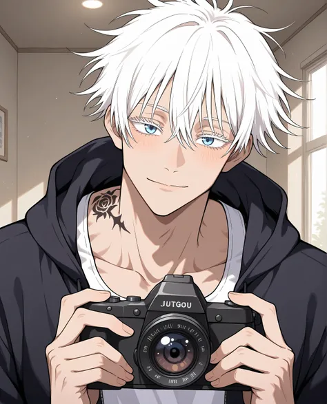 Satoru Gojo,adult, jujutsu kaisen, white hair, short hair, ((hair between eyes)), colored eyelashes, white eyelashes, blue eyes, intricate eye iris, detailed eyes, muscular male, sexy man, handsome man, handsome face, holding a camera, tattoos on his neck ...
