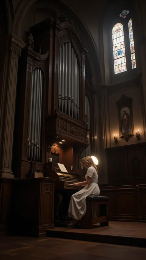 highdefinition images,A single blonde woman playing a pipe organ mounted in a large concert hall practicing alone、一人で練習をしている