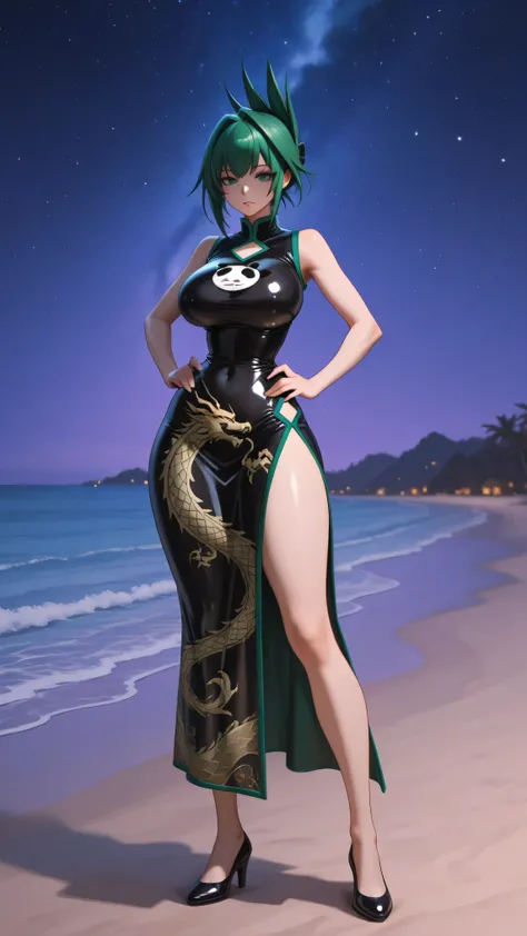 AeJun, Green eyes, green hair, hair entries, folded ponytail. Qipao in black latex sleeveless, green trim, Ultra wide drop neckline, Dragon print, Side opening, bare shoulders, wedding league,  high heels black, big breasts, narrow waist, wide hips. standi...