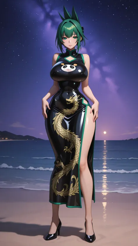AeJun, Green eyes, green hair, hair entries, folded ponytail. Qipao in black latex sleeveless, green trim, Ultra wide drop neckline, Dragon print, Side opening, bare shoulders, wedding league,  high heels black, big breasts, narrow waist, wide hips. standi...