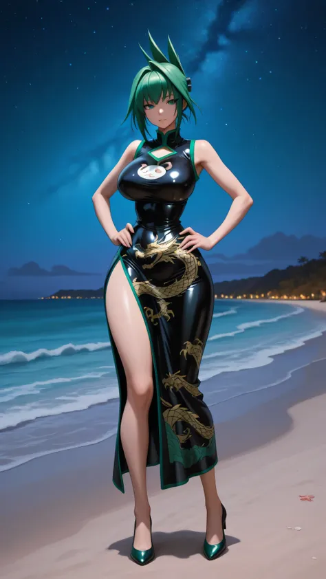 AeJun, Green eyes, green hair, hair entries, folded ponytail. sleeveless black latex dress, green trim, wide drop neckline, Dragon print, Side opening, bare shoulders, wedding league,  high heels black, big breasts, narrow waist, wide hips. standing. pose ...