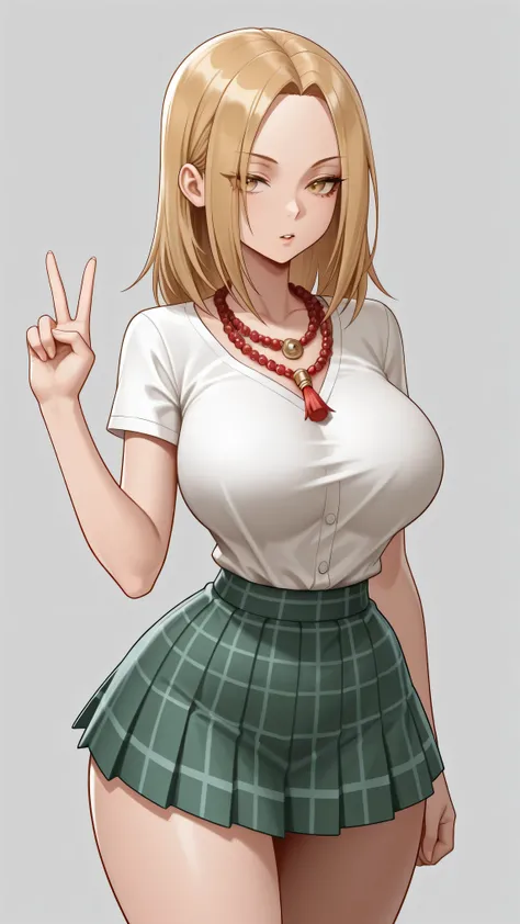 AeAnna, yellow eyes, Blonde hair, split bangs, forehead, red beaded necklace, white button down shirt,  V-neck pronounced , short sleeve, green pleated plaid miniskirt. big breasts, narrow waist, wide hips, beautiful