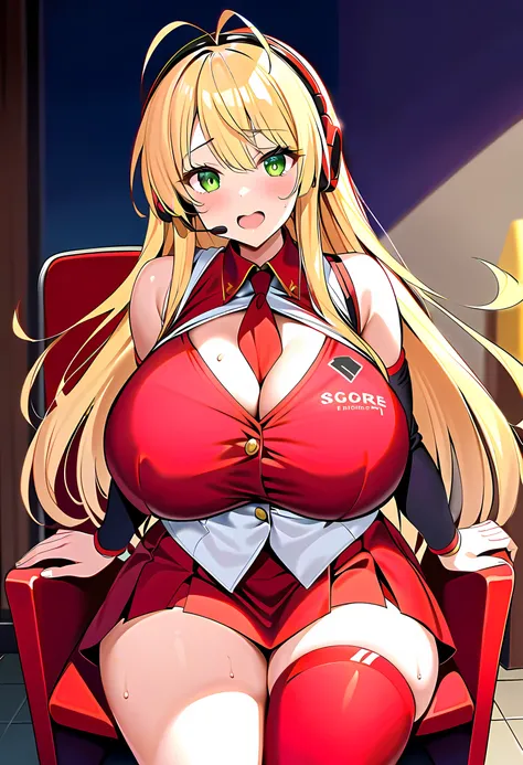 score_9_up,,score_8_up,score_7_up,score_6_up,score_5_up,score_4_up, 1 girl, tsurumaki maki, glowing eyes, green eyes, blonde hair, very long hair, antenna hair, headphones, headset, small beads, ((huge breasts,)) voluptuous thighs, Red necktie, bare should...