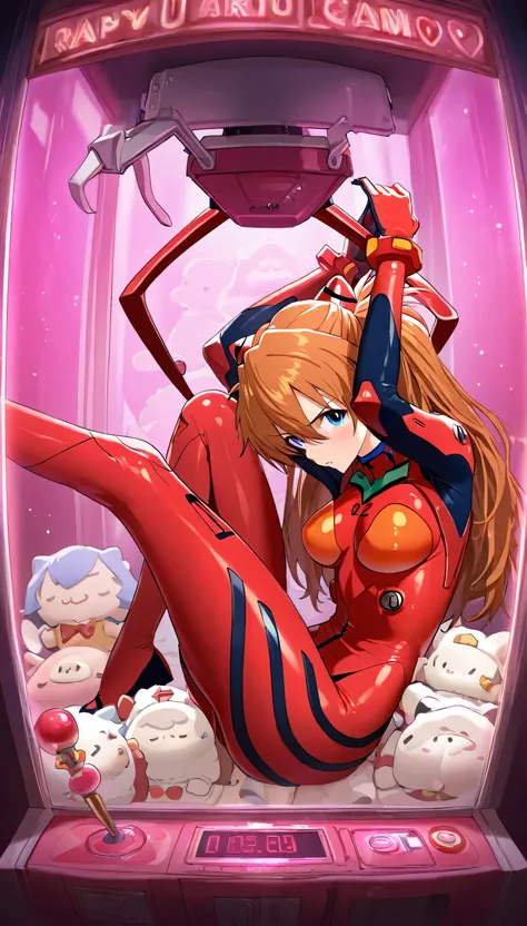 (beautiful girl: 1.3),masterpiece,Ultra-high resolution,rich contrast,Very high quality,8k,Highly detailed CG unit wallpaper,Texture,So ridiculous,RAW Photos,Depth of written boundary 1.2,(Asuka Langley Soryu is sitting upright and holding a stuffed angel....