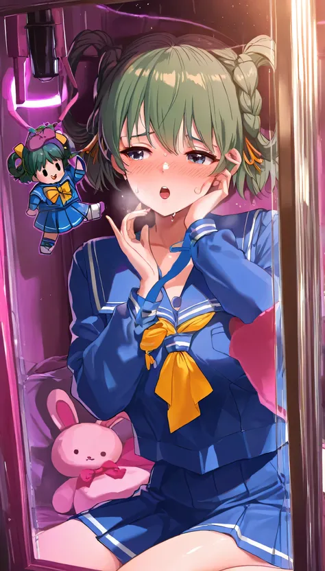 (beautiful girl: 1.3),masterpiece,Ultra-high resolution,rich contrast,Very high quality,8k,Highly detailed CG unit wallpaper,Texture,So ridiculous,RAW Photos,Depth of written boundary 1.2,(crown braid,brown hair),in crane game,(dark lighting),neon light,Ta...