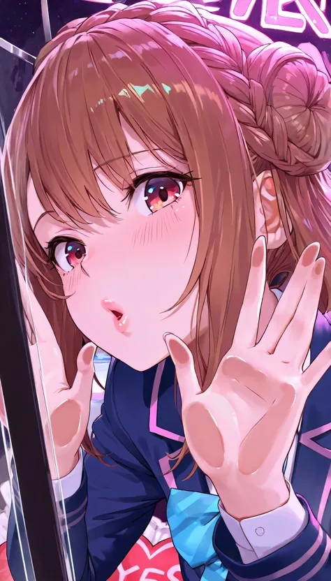 (Lips close up:1.5),(beautiful girl: 1.3),masterpiece,Ultra-high resolution,rich contrast,Very high quality,8k,Highly detailed CG unit wallpaper,Texture,So ridiculous,RAW Photos,Depth of written boundary 1.2,(crown braid,brown hair),sidelocks,(((Pressing l...
