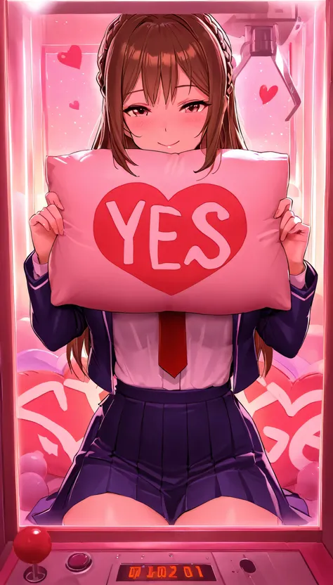 (beautiful girl: 1.3),masterpiece,Ultra-high resolution,rich contrast,Very high quality,8k,Highly detailed CG unit wallpaper,Texture,So ridiculous,RAW Photos,Depth of written boundary 1.2,(crown braid,brown hair),sidelocks,smile,in crane game,Blazer unifor...