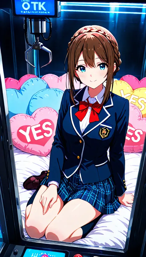 (beautiful girl: 1.3),masterpiece,Ultra-high resolution,rich contrast,Very high quality,8k,Highly detailed CG unit wallpaper,Texture,So ridiculous,RAW Photos,Depth of written boundary 1.2,(crown braid,brown hair),sidelocks,smile,in crane game,Blazer unifor...