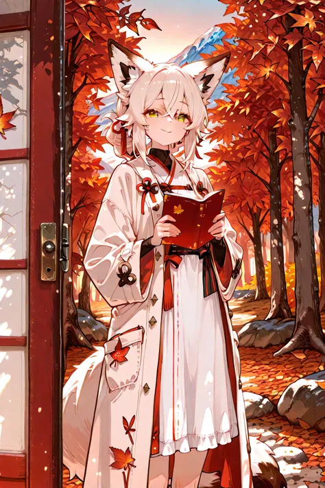 top quality、masterpiece、picture book style illustration、On a mountain road at dusk、fox earと大きな尻尾を持つ小さな少女が恥ずかしそうに告白しているシーン、fluffy chestnut hair、Golden Eyes、fox ear、a light red Japanese coat on a white dress、with a smile holding back tears、standing in the su...
