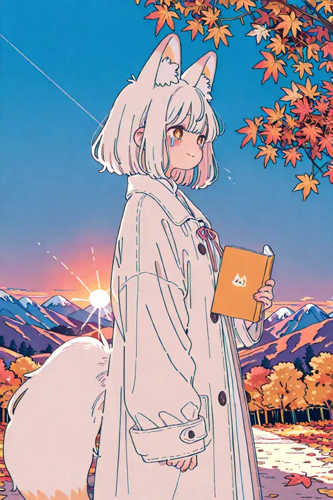 top quality、masterpiece、picture book style illustration、On a mountain road at dusk、fox earと大きな尻尾を持つ小さな少女が恥ずかしそうに告白しているシーン、fluffy chestnut hair、Golden Eyes、fox ear、a light red Japanese coat on a white dress、with a smile holding back tears、standing in the su...
