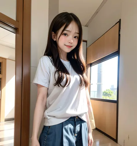 S,Line up quietly before entering the claSSroom, elementary School StudentS, 女の子,かわいい, MaSterpiece, DetailS,Smile